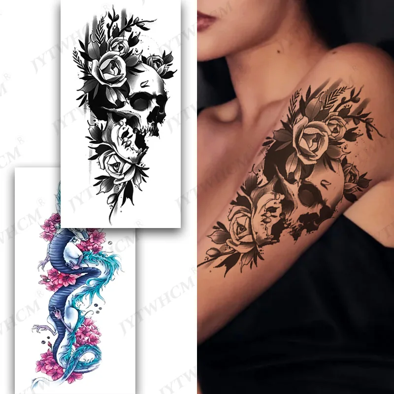 

Временные женские водостойкие татуировки Craneo, татуировки с розой, татуировки лаклаша, змея, Льва, боди-арт, на руку, имитация рукава, тату