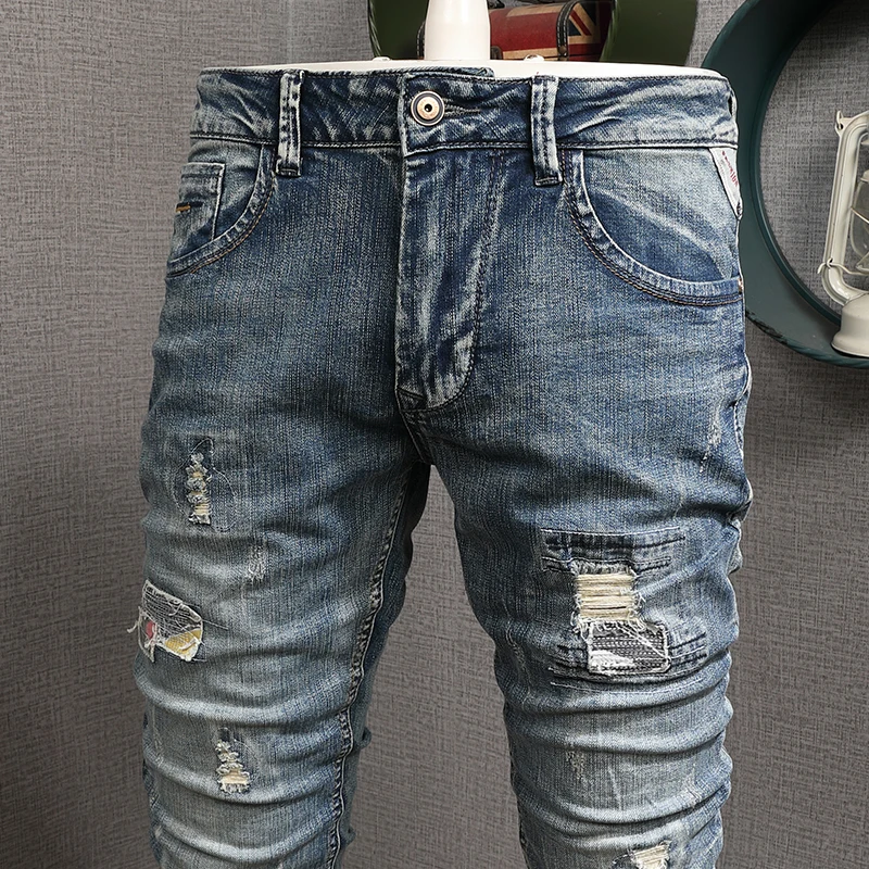 European American Vintage Fashion Men Jeans Retro Blue Elastic Slim Fit Ripped Jeans Men Distressed Designer Denim Pencil Pants