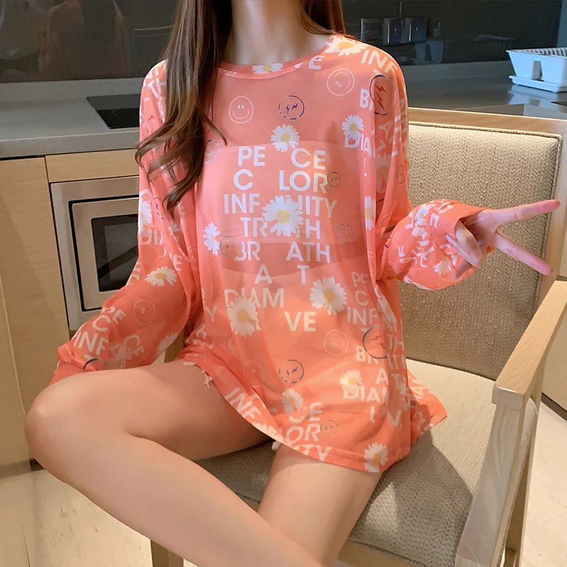 

Graphic T Shirts Women Summer Sun Protection Ice Silk Mesh Long Sleeve Tshirt O-Neck Harajuku Vintage Clothes Y2k Plus Size Tops