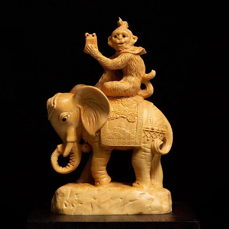 

Monkey Riding Elephant Animal Sculpture Chinese Lucky Feng Shui Boxwood Solid Wood Home Decoration Carving Crafts Opening Gifts