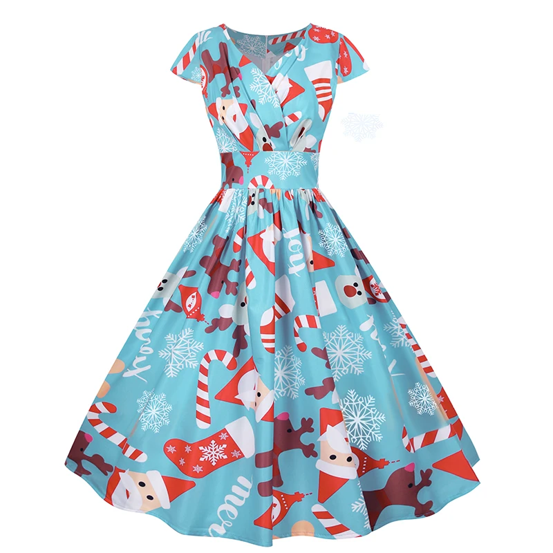 

Женское рождественское платье до колен, небесно-голубое женское платье с рисунком, повседневное элегантное женское платье с коротким рукав...