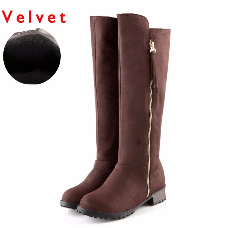 brown velvet Haoshen/Обувь для девочек женские сапоги с плоским коленом, на молнии, зима-осень, высокие сапоги для верховой езды модная теплая обувь с Плюшевым Мехом Размер 10,5 - Цвет: brown velvet