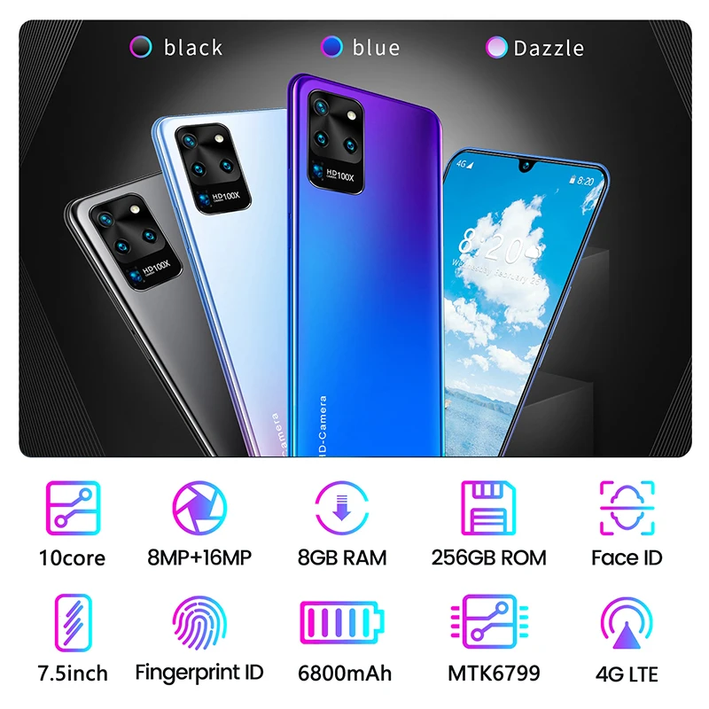 Смартфон Galay S20 7 5 дюйма 8 ГБ ОЗУ 256 Гб ПЗУ Восьмиядерный 4 камеры Snapdragon 855