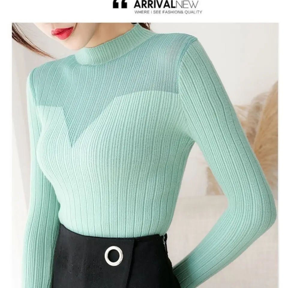 

Lace hollow half high neck knit sweater women 2021 autumn winter net gauze foreign long sleeve slim sweater bottom shirt