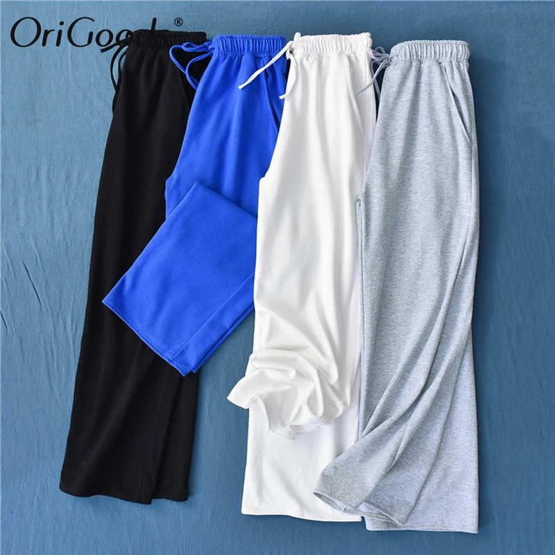

OriGoods Women Autumn Pants Solid Black White Gray Blue Long Pants Cotton Warm Drawstring Straight Pants For Women Trousers B304