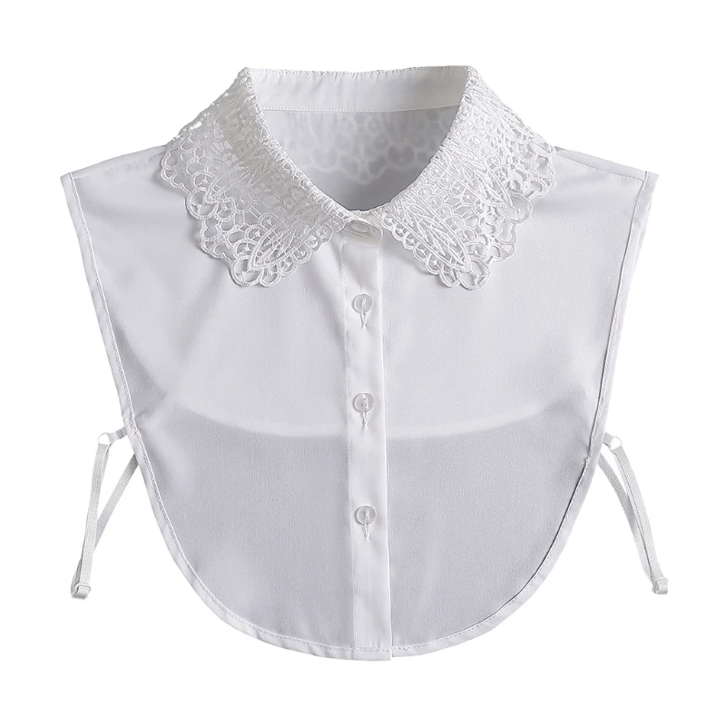 

L5YA Women Decorative Layering Half Shirt Detachable White Dickey Blouse Hollow Out Embroidery Lace Lapel False Collar Top