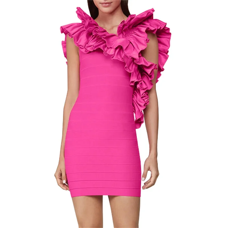 

Luxury Women Bandage Dress Sexy Celebrity Evening Party Club Ruffles Vestidos 2020 Summer V Neck Sleeveless Mini Dresses Female