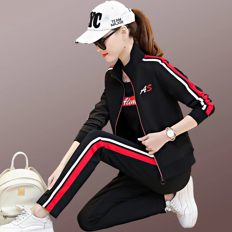 

Fashion New Spring Tracksuit Women Embroidery Trousers + Sportwear Female Solid Three-piece Sporting Large size Suit C