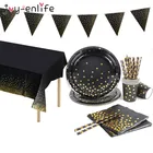 Одноразовая бумажная посуда в горошек, черного и золотого цвета, 30405060th, украшения для вечерние, набор С Днем Рождения