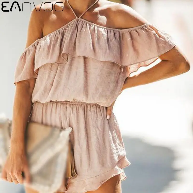 

Women Off Shoulder Playsuit Lady Fashion Summer Sexy Strapless Halter Ruffled Backless Short Sleeves Women Jumpsuit Shorts