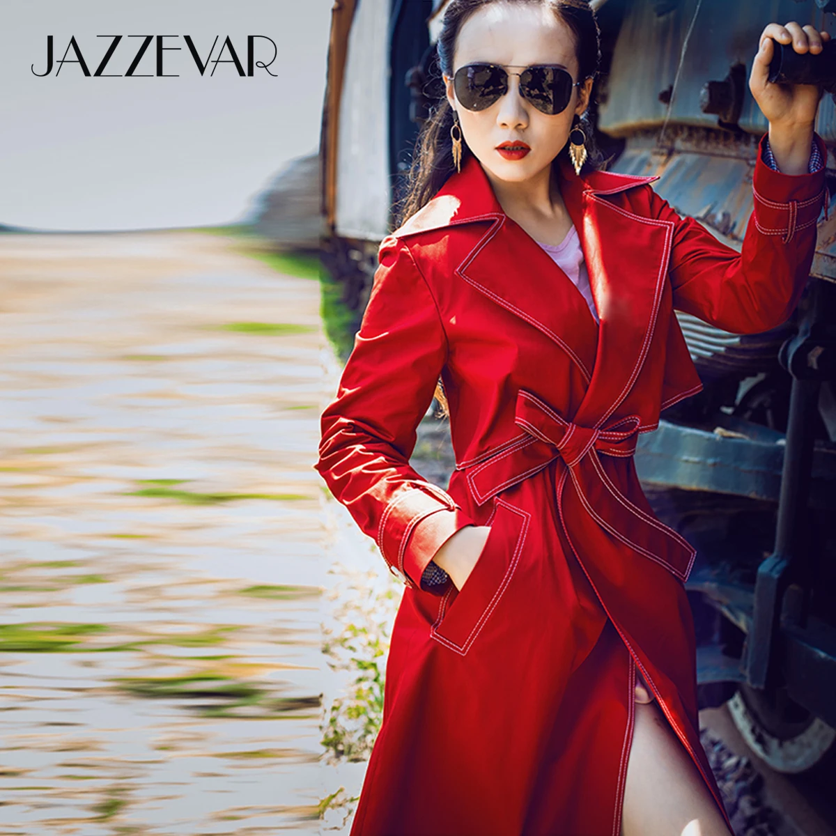 JAZZEVAR 2021 New Autumn High Fashion Street Women's X-Long Trench Coat Female Classy Jacket Socialite Red Outerwear with Belt