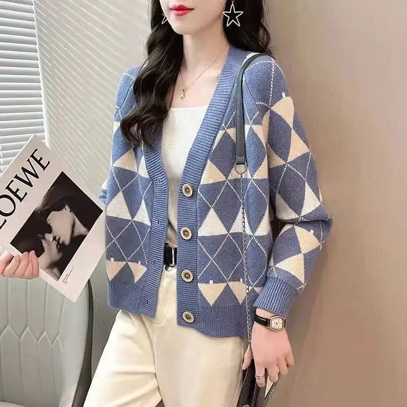 

Sweater Cardigan Woman Korean Fashion Plaid Jacket 2021 Autumn Winter Knitted Cardigan For Women Loose Women's Coat 가디건 Gilet