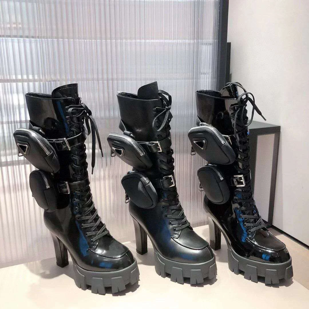 

Pocket Bag High-heel Woman Boots Genuine Leather Round Toe Thin Heels Side Zipper Motorcycle Boots Fashion Metal Designer Shoes