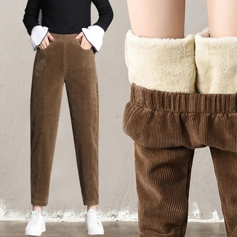 

Plus Thick Casual Pants Women Corduroy Autumn Winter Warm Pants Female Korean High Waist Harem Pants Loose Ladies Trousers X404