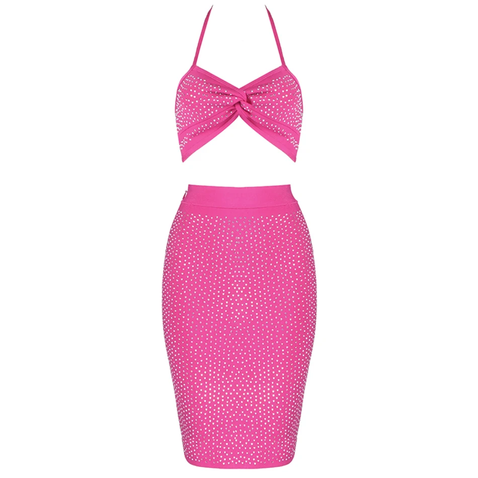 2019 New Women'S Beaded 2 Two-Piece Bandage Dress Sexy Sleeveless Halter Crystal Bodycon Mini Club Party Vestidos | Женская одежда