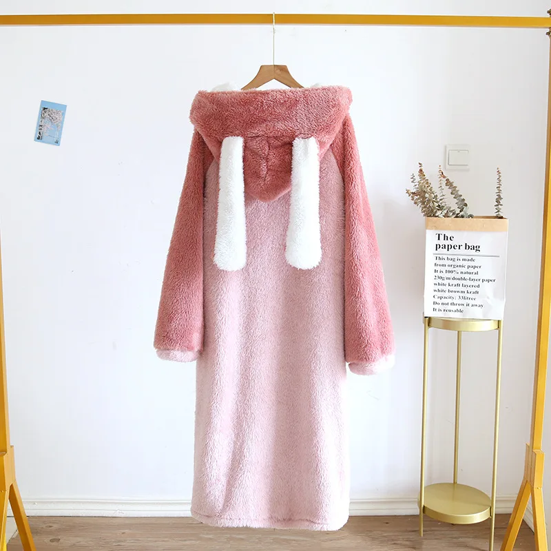 

Cute Autumn Winter Long Bathrobe Coral Velvet Thickened Nightgown Flannel Hooded Pajamas Pineapple Pocket Button Home Clothes