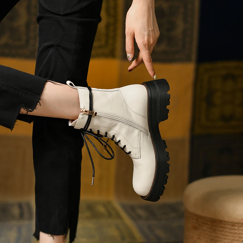 Online Sepatu Bot Pergelangan Kaki Wanita Mode Retro Baru Musim Gugur Musim Dingin 2021 Sepatu Hak Tebal Ujung Bundar Kulit Asli Bertali Sepatu Kerja Kasual Wanita