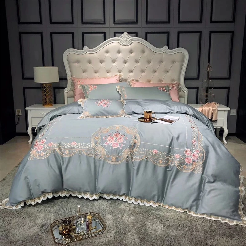 Американский Синий Розовый 1000TC сатин Египетский хлопок пасторальный цветок