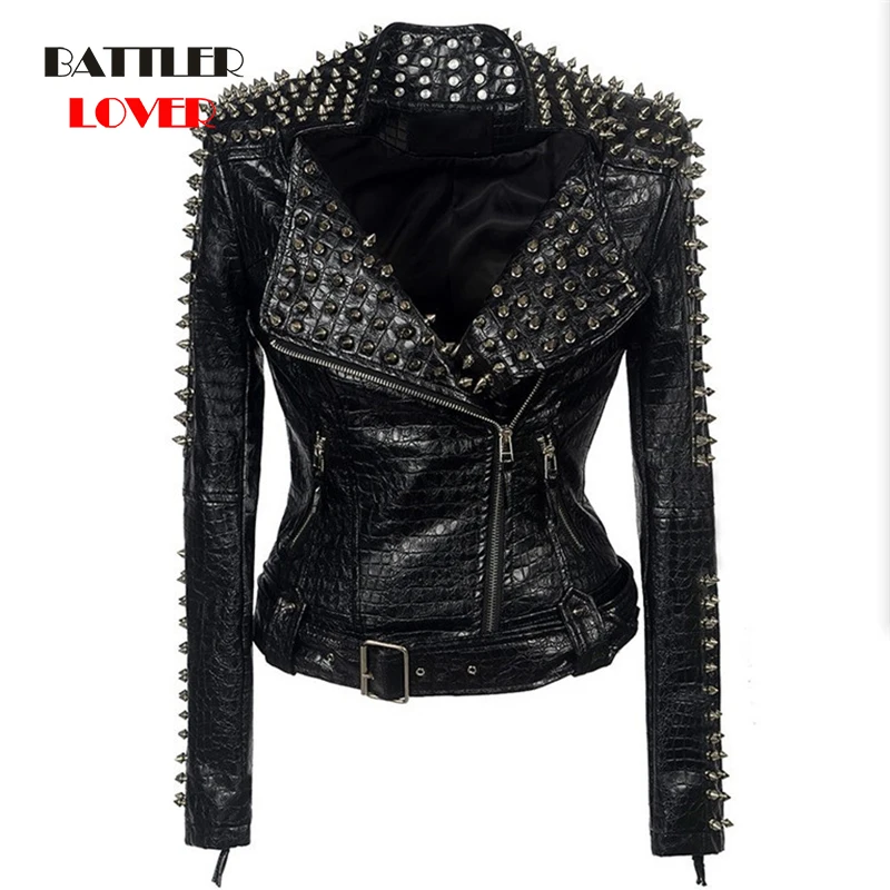 

Women Rivet Punk Jacket Winter Autumn Motorcycle Jacket for Female Black Leather Coat Outerwear Steampunk Biker Clothing