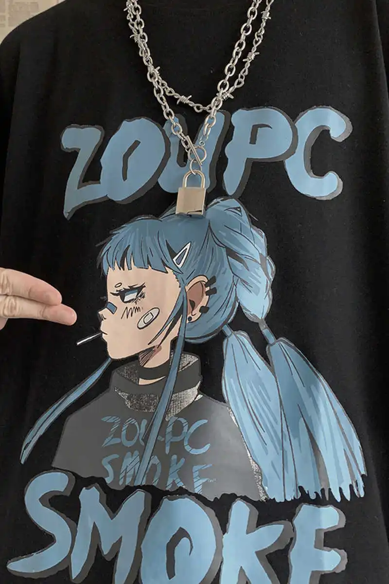 

Goth Dark Style Cartoon Print Women's Casual T Shirts Vintage Gothic Summer Female Tops Clothes Hip Hop Short Sleeve Shirts