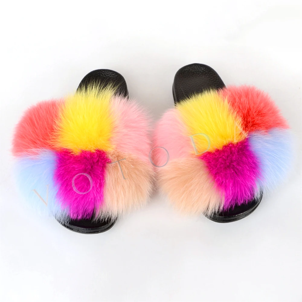 

Summer Children Fur Slippers Toddlar Fluffy Fox Fur Slides Baby Furry Indoor Fur Flip Flop Kids Rainbow Fur Sandals Slip On Flat
