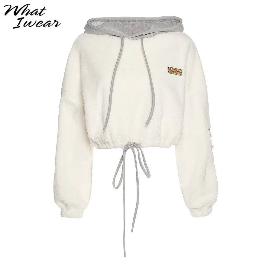 

Autumn Letter Embroidery Loose Flannel Pullover Woman Hoodies Chic Hooded Tops Korean Style Streetwear Female Warm Clothing