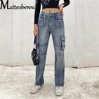 casual distressed slim straight mom jeans women autumn patchwork pockets streetwear cargo pants high waist long denim trousers