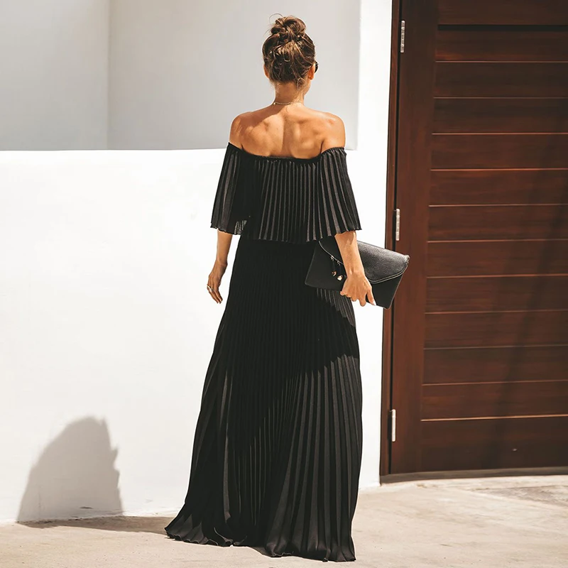 

Off Shoulder Chiffon Dress 2020 Ruffle Pleated Long Dress Women Summer Dress Casual Sleeveless Elegant Holiday Loose Beach Dress