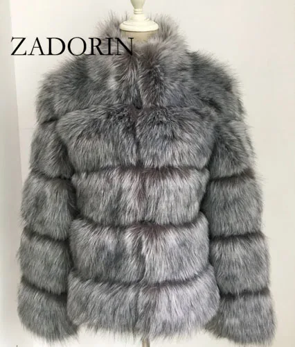 Silver fox color ZADORIN новое зимнее женское пальто из искусственного лисьего меха, большие размеры, Женское пальто со стоячим воротником и длинным рукавом, куртка из искусственного меха, меховой жилет fourrure - Цвет: Silver fox color