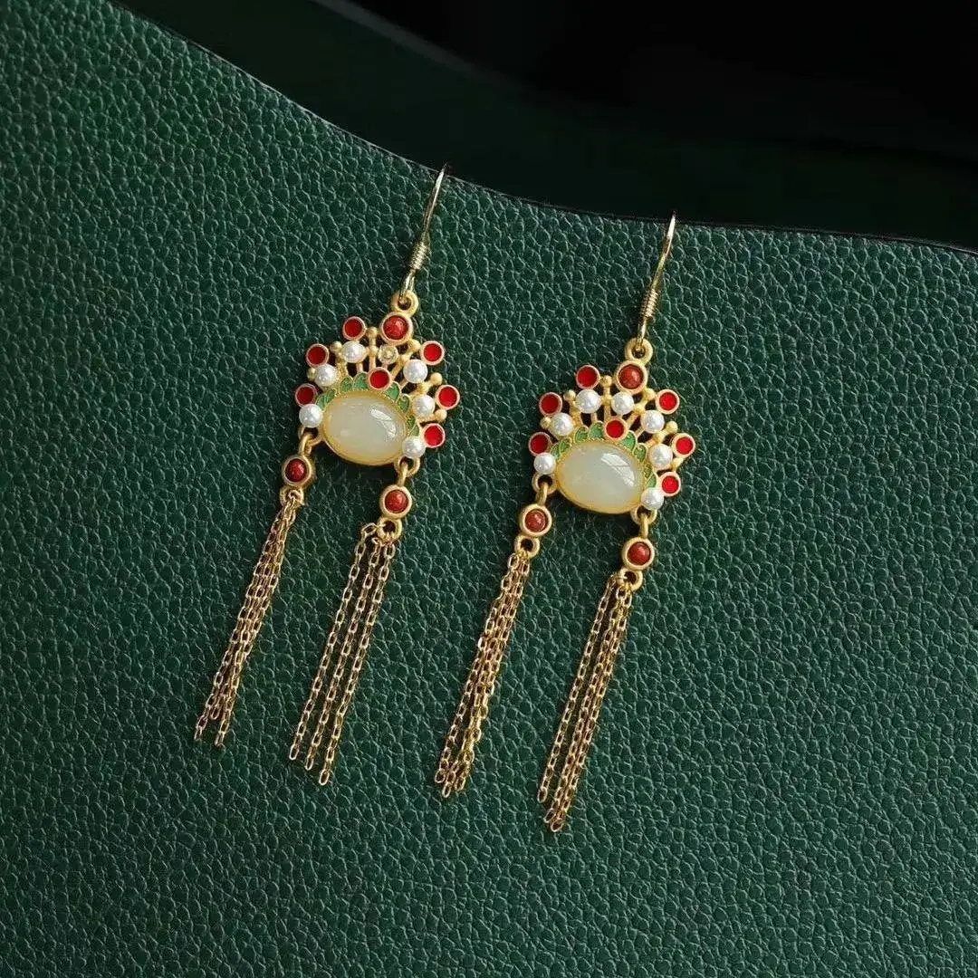 

Dao Ma Dan Peking Opera Face Earrings Ancient Chinese Style Earrings Sterling Silver Tassel Earrings Natural Hetian Jade Earring