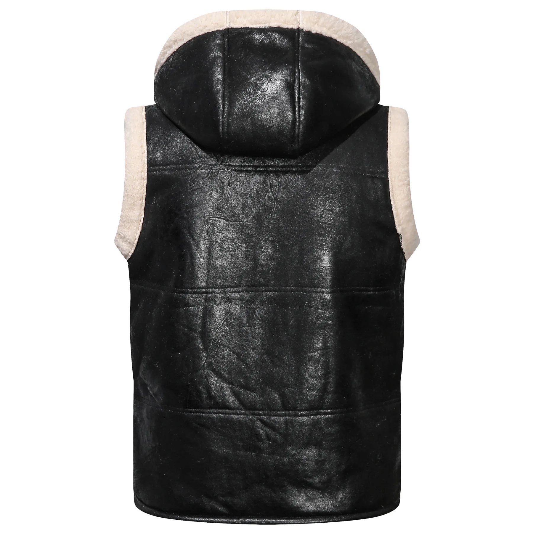 Men's Winter PU Leather Fur Vest Casual Hooded Warm Jacket Lambswool Waistcoat Jackets Sleeveless Zipper Solid Color | Мужская