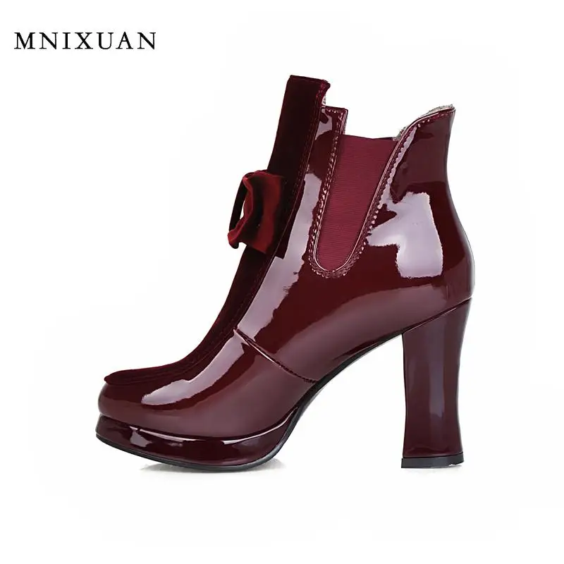 

MNIXUAN Handmade fashion ladies shoes 2019 new winter round toe women platform ankle boots block high heels red Chelsea boots