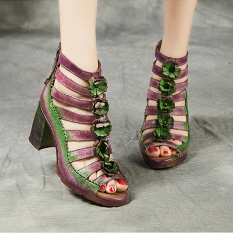 Женские сандалии в стиле ретро с цветочным принтом удобные уличные ручной работы