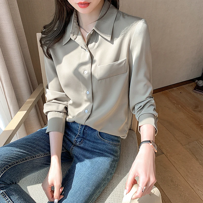 

Блузка Женская атласная, элегантная рубашка на пуговицах с длинным рукавом, подходит для офиса и работы, универсальные шифоновые топы и блу...