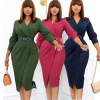 2021 fall new fashion long sleeve pure color professional office dress womens african v neck slim pencil skirt dress with belt