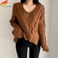 new 2020 autumn winter long womens sweaters v neck pullovers minimalist korean style knitwear ladies jumpers oversized sweater