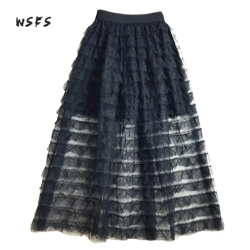 

Wsfs Summer Ball Gown Skirt Mesh Black Ruffles See Through Elastic Waist Long Skirts Womens Long Vintage Midi Aline Cake Skirt