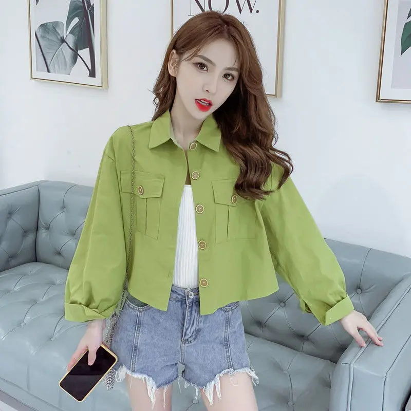 

2020 Spring New Fashion Women Jacket Avocado Green Clothing POLO Collar Wild Shirt Fashion Short Long-sleeved Coat Female
