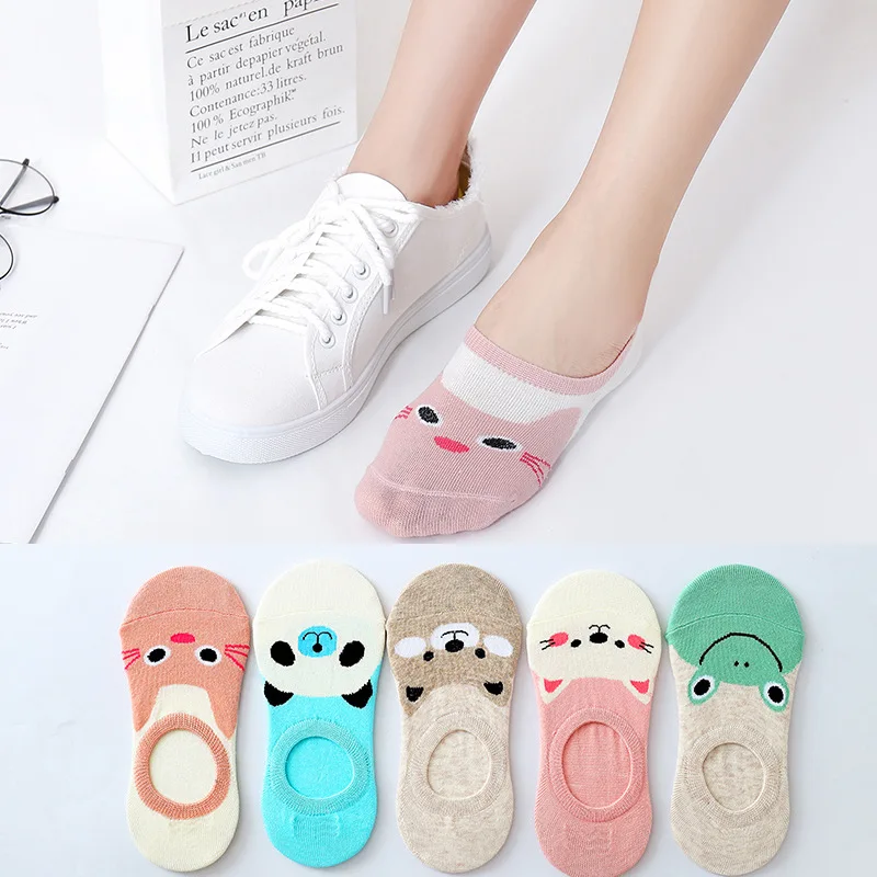 

10pieces= 5 pairs Women Cotton Sock Slippers Cute Cartoon Animal Non Slip Silicone Shallow Mouth Invisible Short Ankle Socks Set