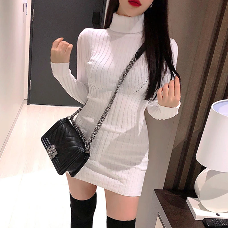 White Sexy Figure Turtleneck Tight Knitted Mini Korean Fashion Kawaii Casual Women'S...