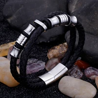 haoyi 22cm black braided double layer leather bracelet stainless steel magnetic buckle tricolor metal accessories mens jewelry