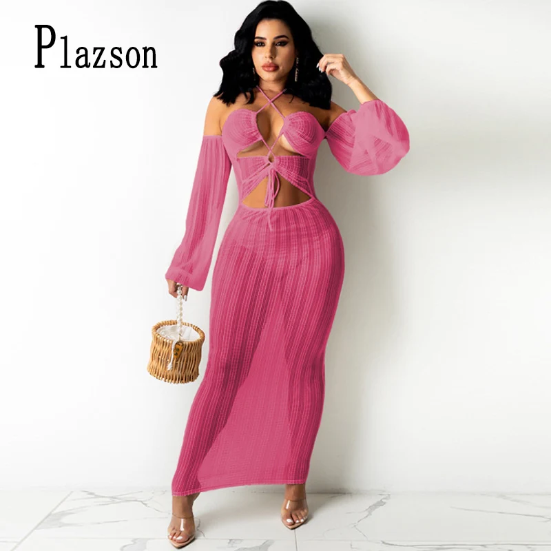 

Женское прозрачное пляжное платье макси, летнее ажурное платье с открытой спиной, лямкой на шее и длинным рукавом