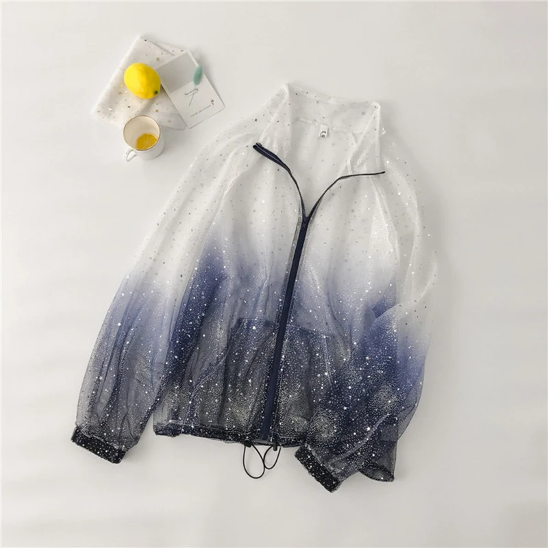 

Zoulv Women Thin Plus Size Feminine Coat Harajuku Protection Coat Long Sleeve Transparent Jacket Gradient Sequin Female Jacket