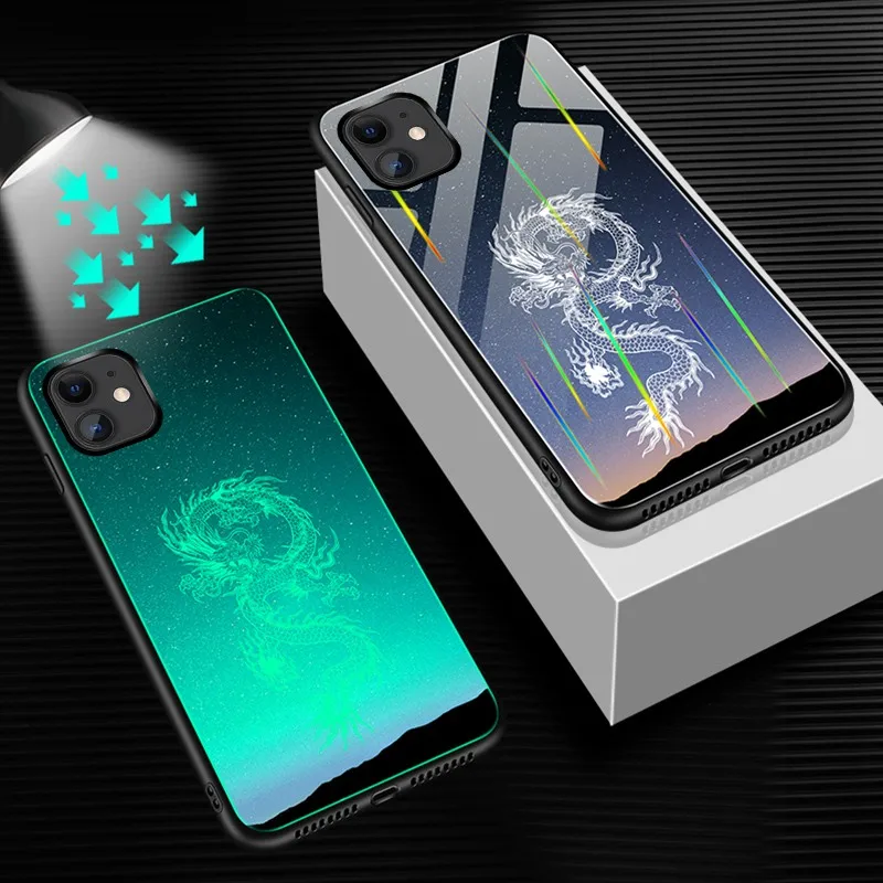 Dragon Чехол из закаленного стекла для Iphone 11 Pro XS Max XR X Чехол светящийся противоударный мультяшный чехол для Iphone 11 8 7 Plus 6 6s Plus чехол - Цвет: Dragon