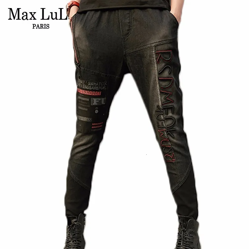 Max LuLu, весенние Модные Винтажные эластичные штаны-шаровары для девочек, корейские женские черные обтягивающие джинсы, рваные женские джинсовые брюки с 3d принтом