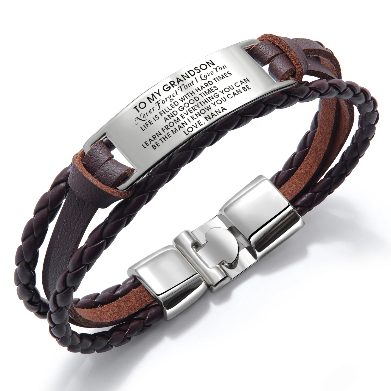 

Nana To My Grandson From Hand-Woven Retro Multi-Color Engrave Name Leather Bracelet for Men Stainless Steel Bracelets