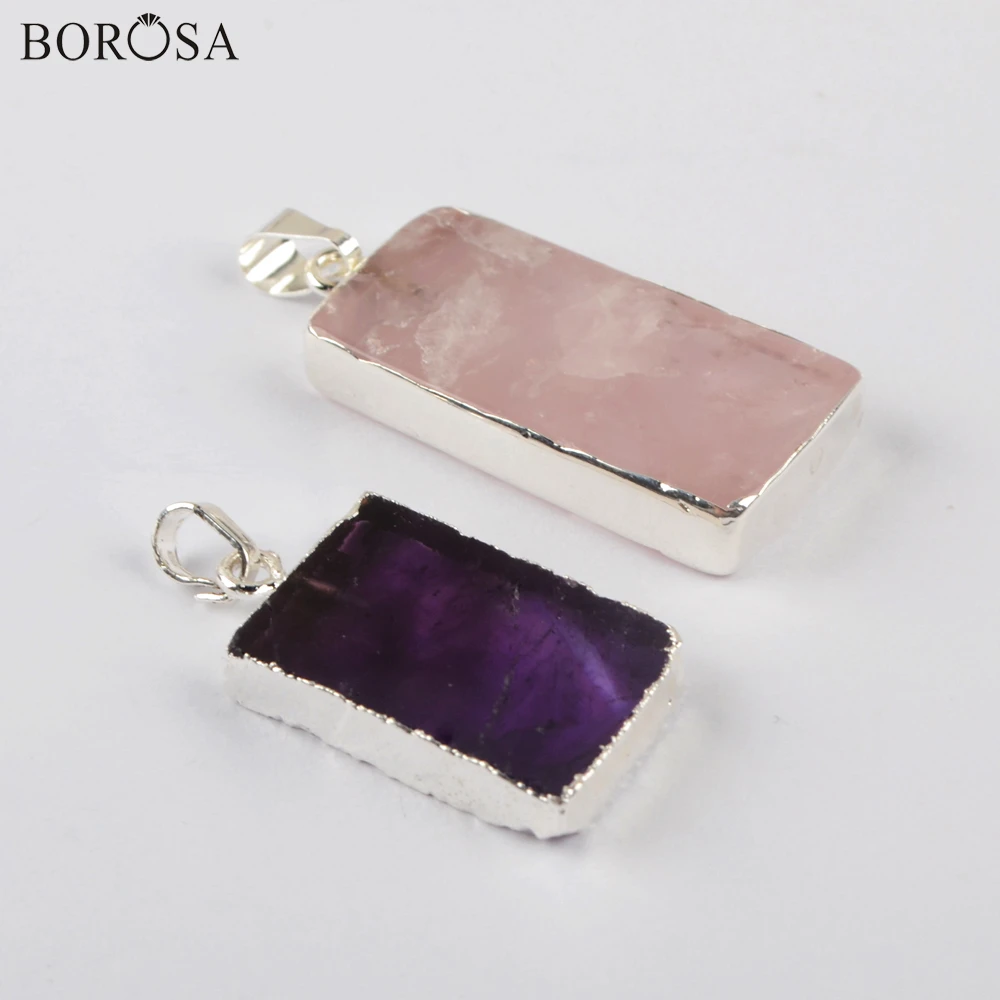 

Rectangle Crystal Necklace Pendants Amethysts Slice for Necklaces Silver Color Crystal Quarzt Druzy Necklace Fittings WX1363