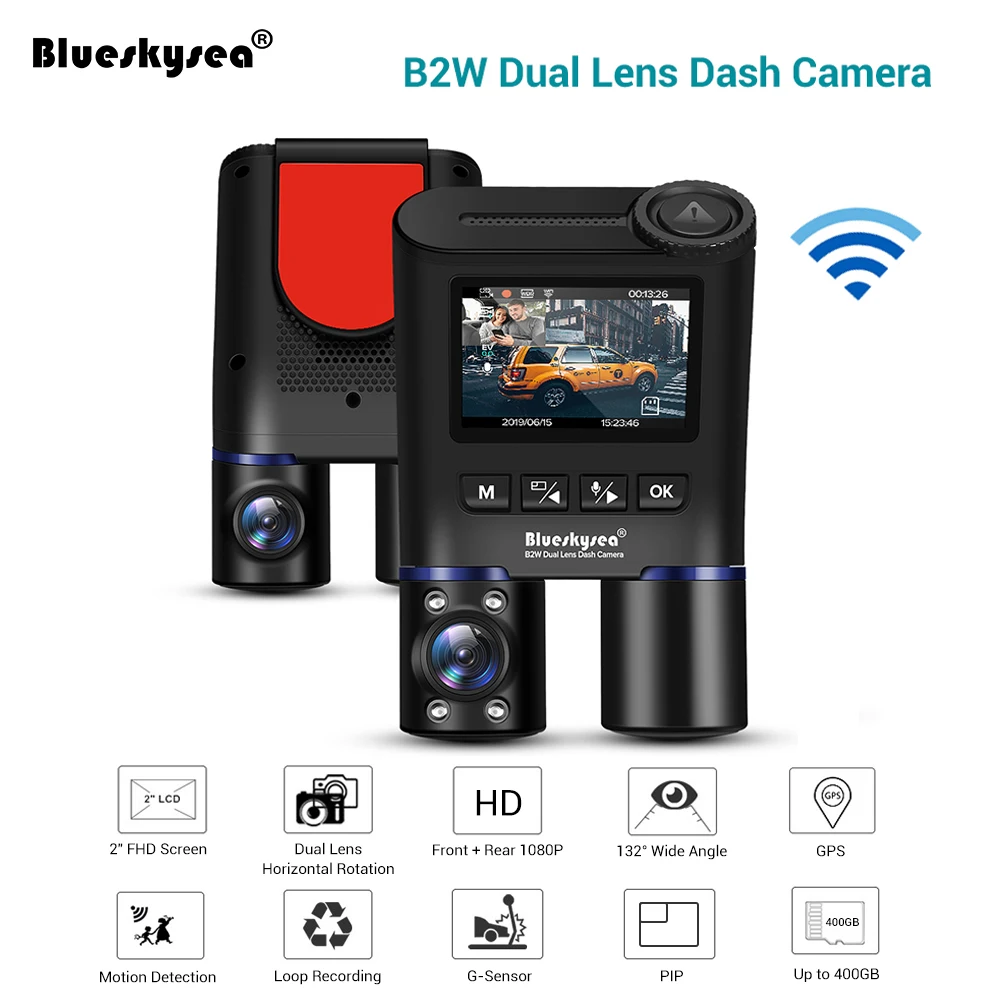 Blueskysea оригинальный B2W двойной видеорегистратор Автомобильный HD 1080P WiFi GPS камера