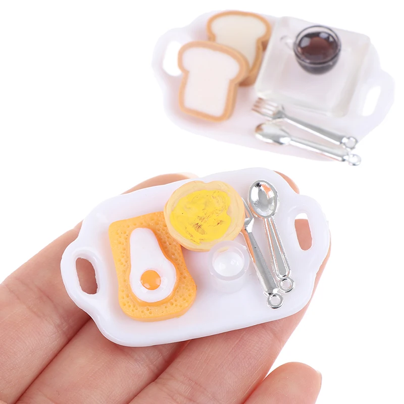 

1Set 1:12 Dollhouse Miniature Breakfast Set Hamburger Croissant Toast Egg Coffee with Tray Kitchen Food Accessories
