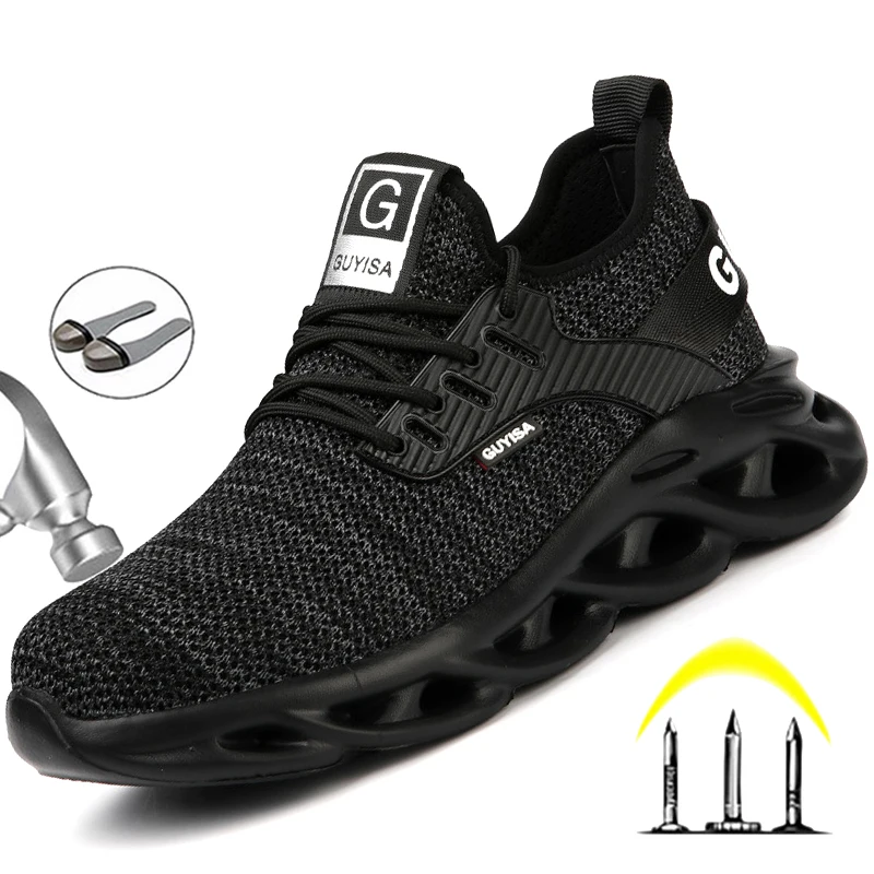 

Мужские защитные рабочие ботинки, черные сетчатые неразрушаемые повседневные прогулочные ботинки на шнуровке для осени, 2020